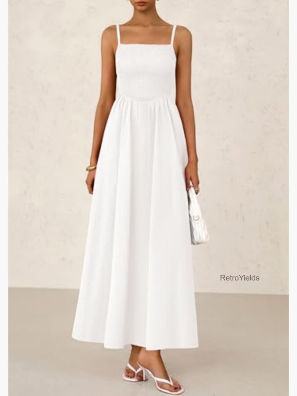 Smocked Spaghetti Strap Maxi Dress Sleeveless Flowy Beach Sundress - Picture 3 of 7